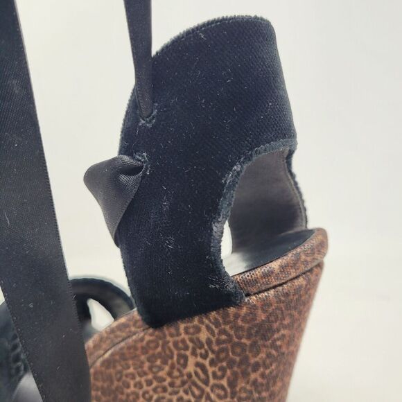 Stuart Weitzman Sandals Womens 9 Cheetah Print Wedge Platform Velvet Ankle Ties - Picture 10 of 10